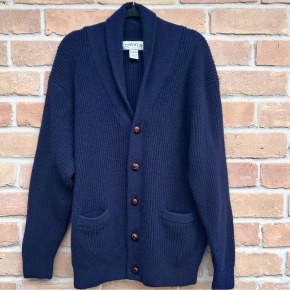 Orvis Navy Lambswool Shawl Neck Cardigan Large Leather Buttons Academia Preppy - Picture 1 of 3